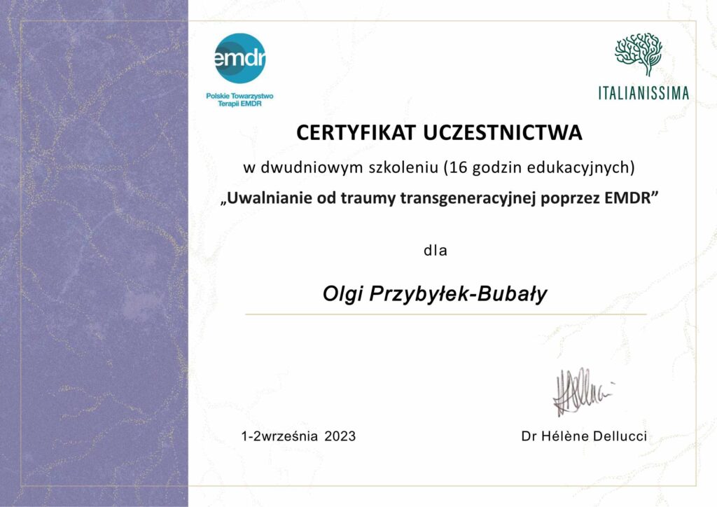 Psychoterapeuta Katowice 9 Certyfikat Trauma Transgeniczna Olga Przybylek Bubala