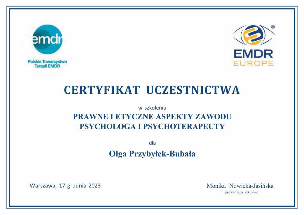 Psychoterapeuta Katowice 10 Przybylek Bubala Olga certyfikat emdr szkolenie prawne